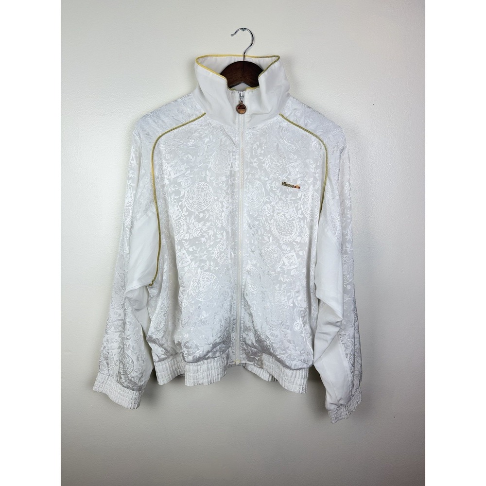 Ellesse Track Jacket Vintage 90s Jacquard Floral Paisley White Gold Women Size 4